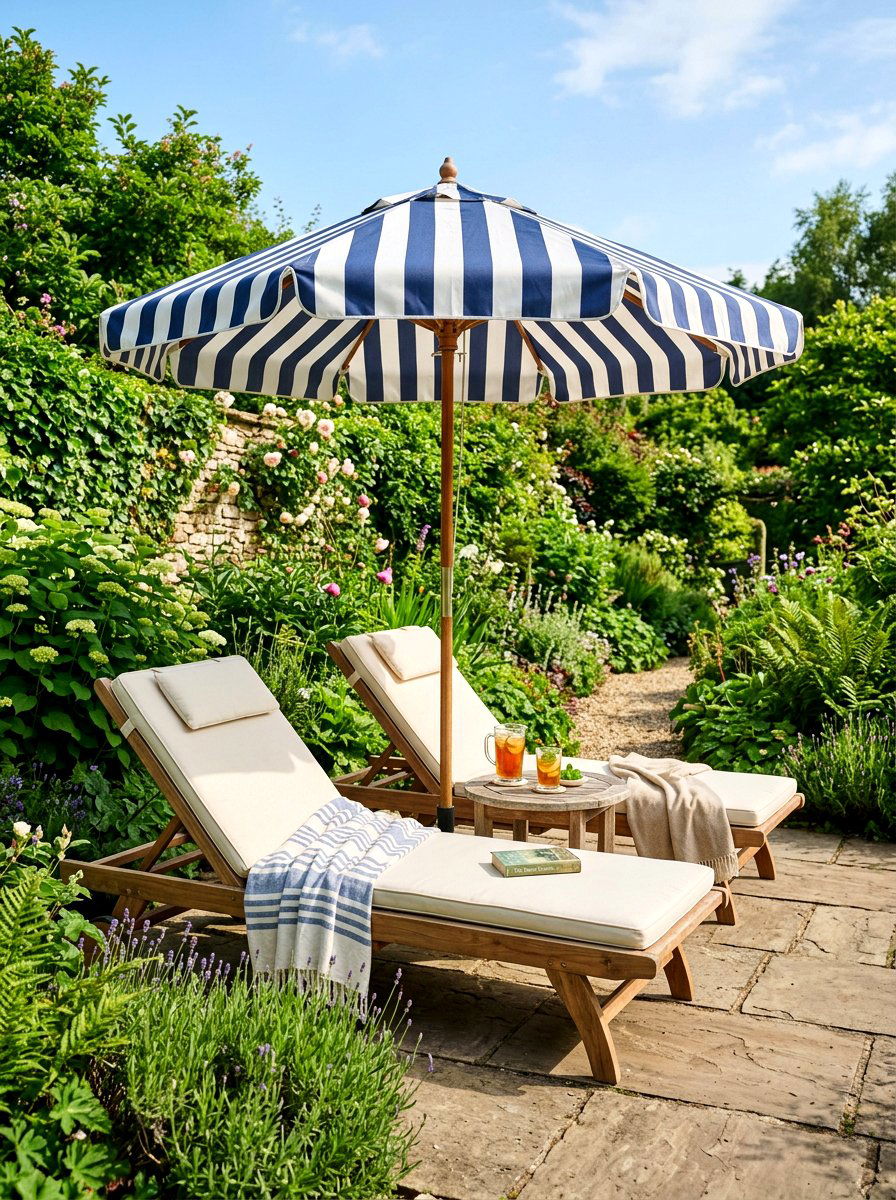 Striped umbrella with lounge chairs - 30 striped umbrella patio decor ideas