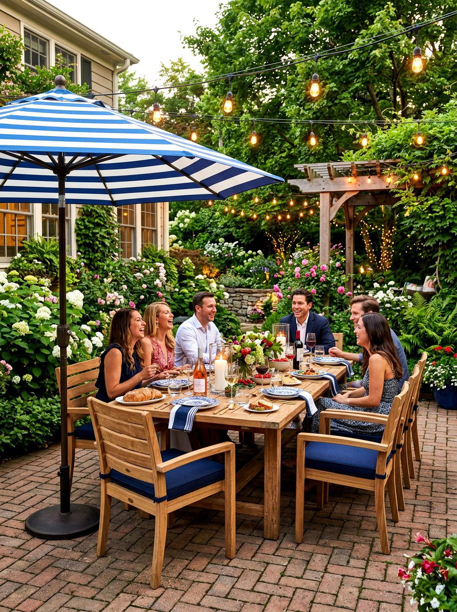 Striped umbrella with outdoor dining set - 30 striped umbrella patio decor ideas