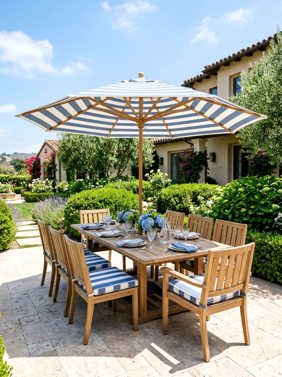 Striped umbrella with teak furniture - 30 striped umbrella patio decor ideas