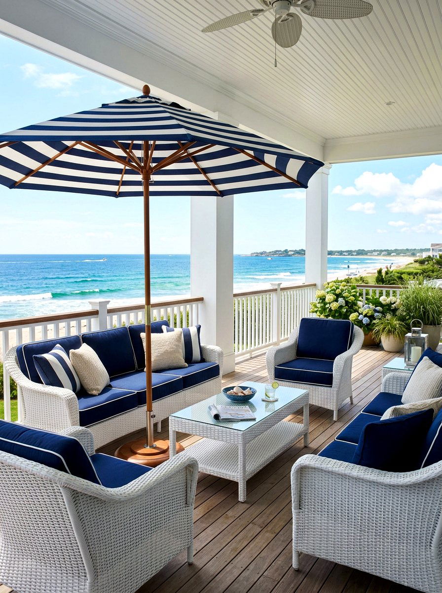 Striped umbrella with wicker furniture - 30 striped umbrella patio decor ideas