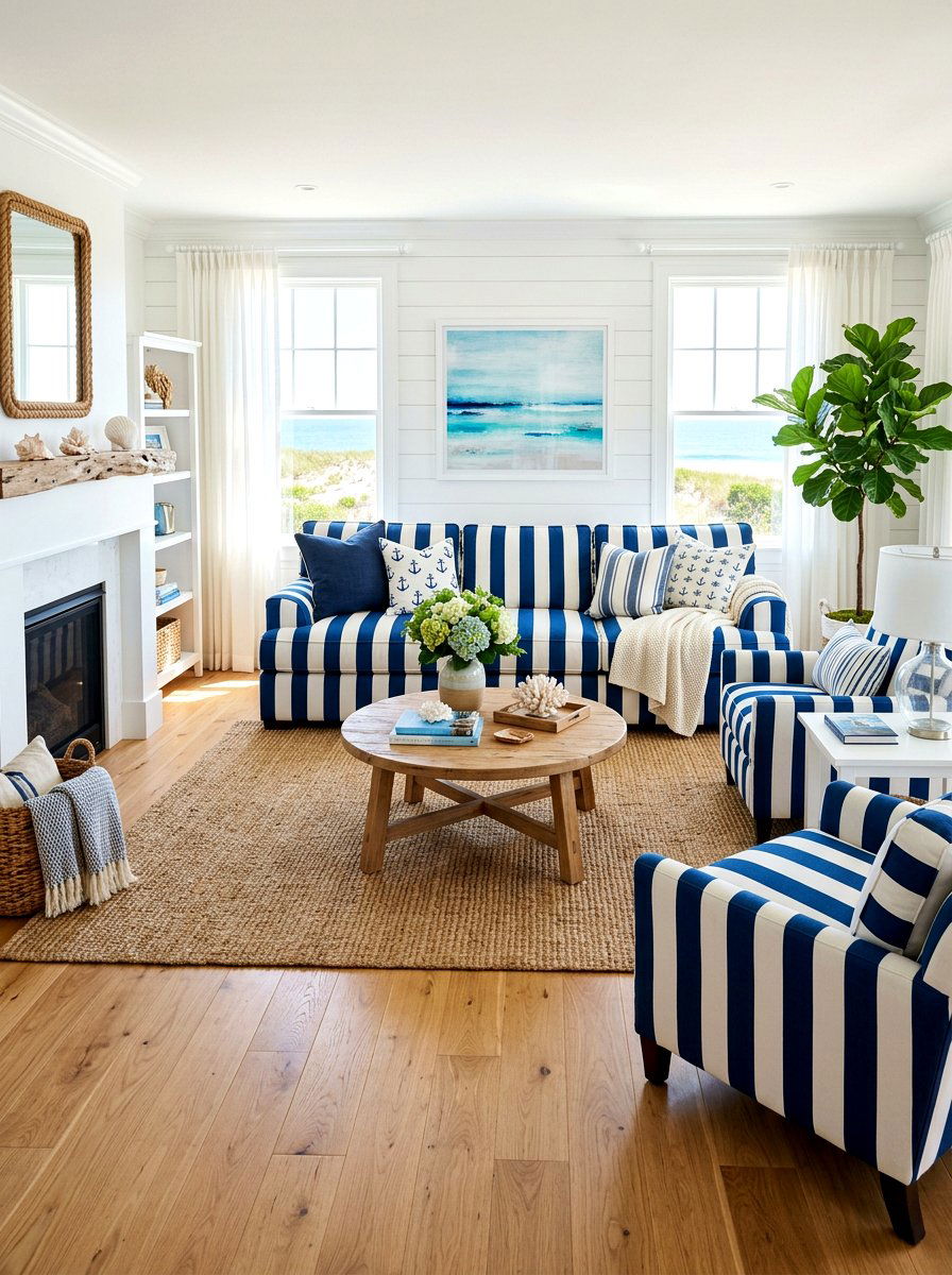 Striped upholstery living room - 30 coastal summer living room ideas