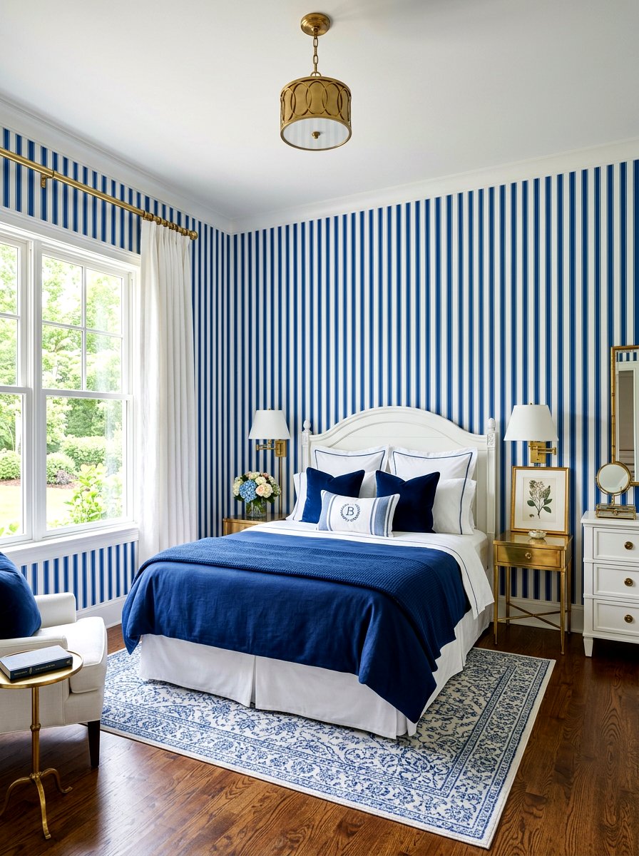Striped wallpaper bedroom - 30 coastal prep bedroom ideas