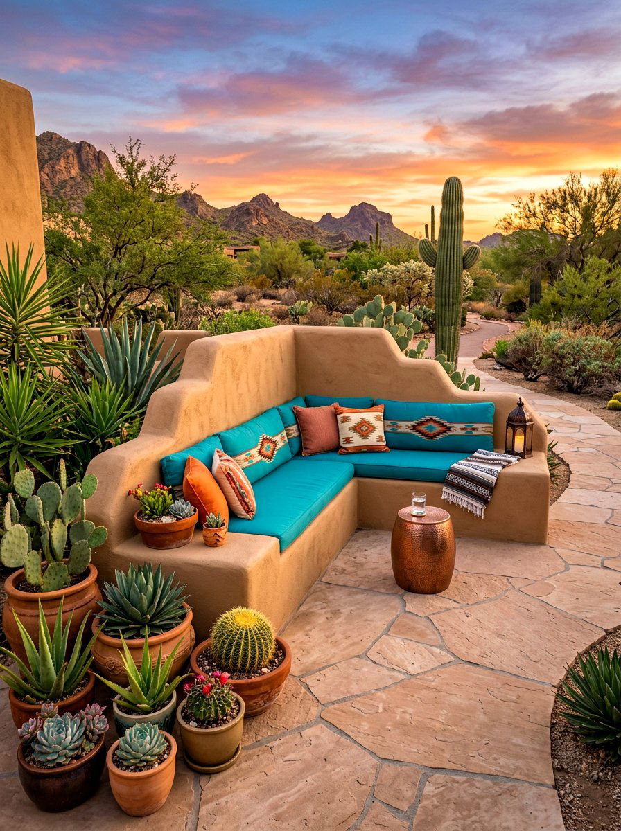 Stucco Corner Seating - 30 built in patio bench ideas