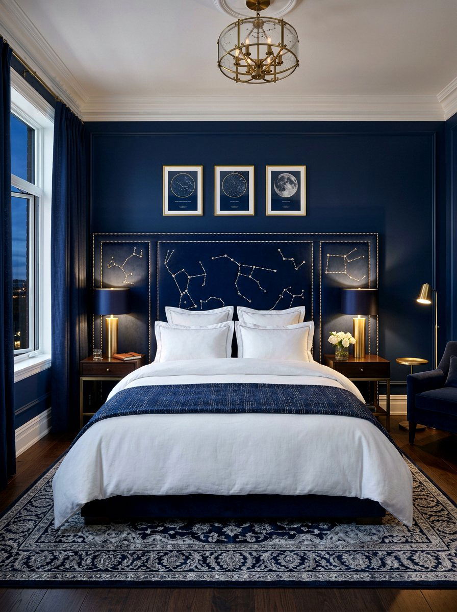 Studded Navy Blue Headboard - 30 extra celestial bedroom ideas
