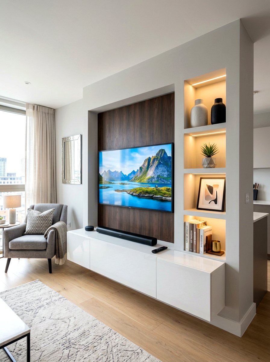 Studio Apartment Media Wall - 30 alcove studio apartment ideas