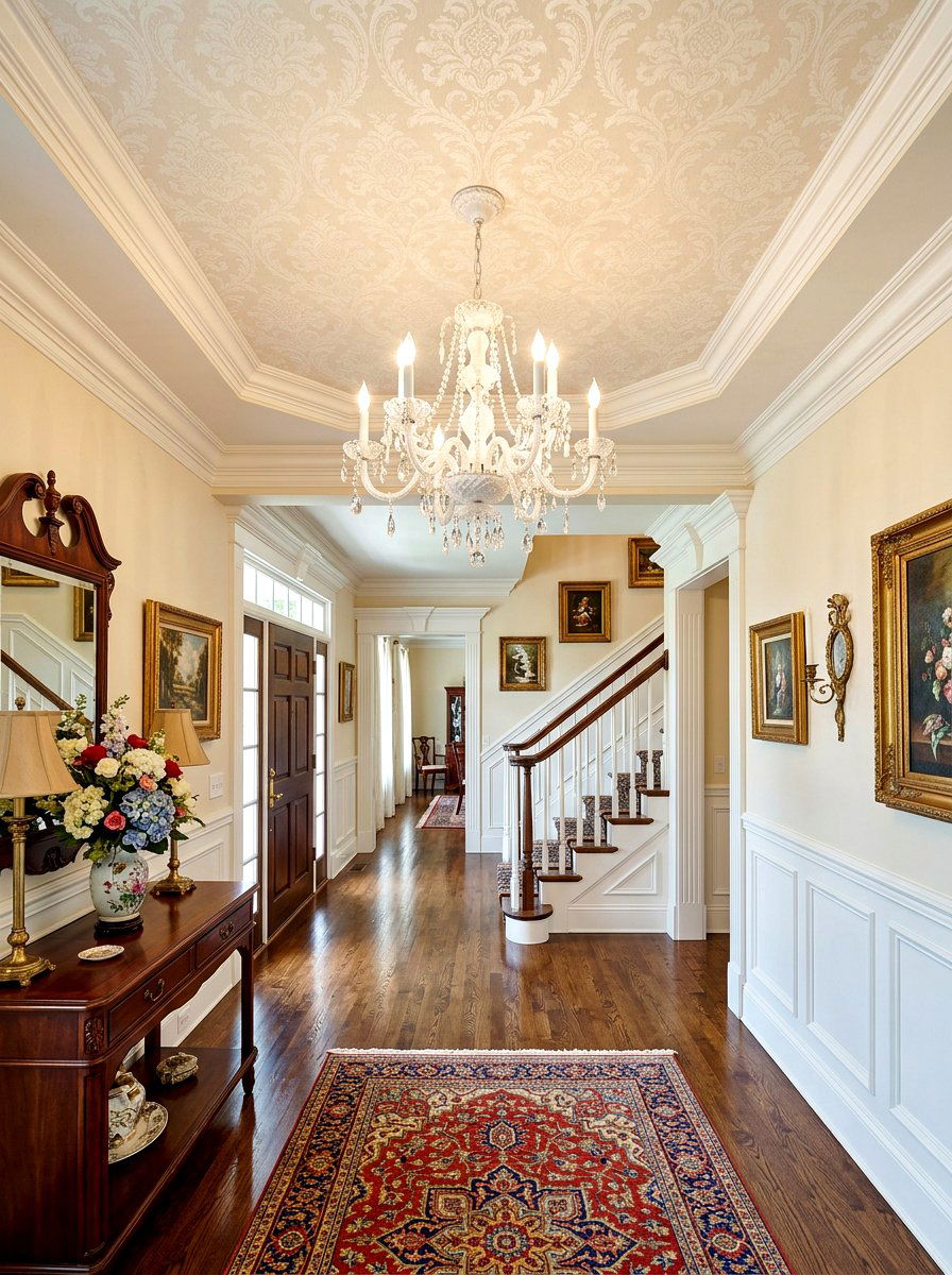 Subtle Cream Damask Entryway - 30 wallpapered foyer ceiling ideas
