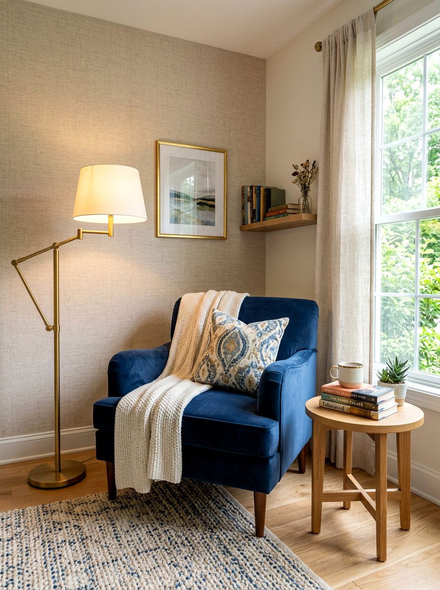 Subtle linen wallpaper reading nook - 30 wallpaper accent wall ideas