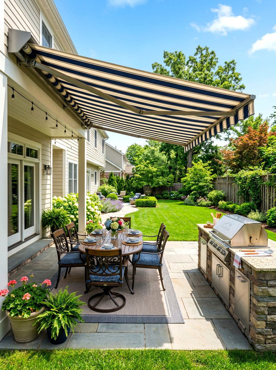Suburban patio with awning - 30 family BBQ patio ideas