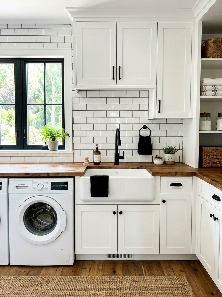 Subway tile laundry backsplash - 30 farmhouse laundry room ideas