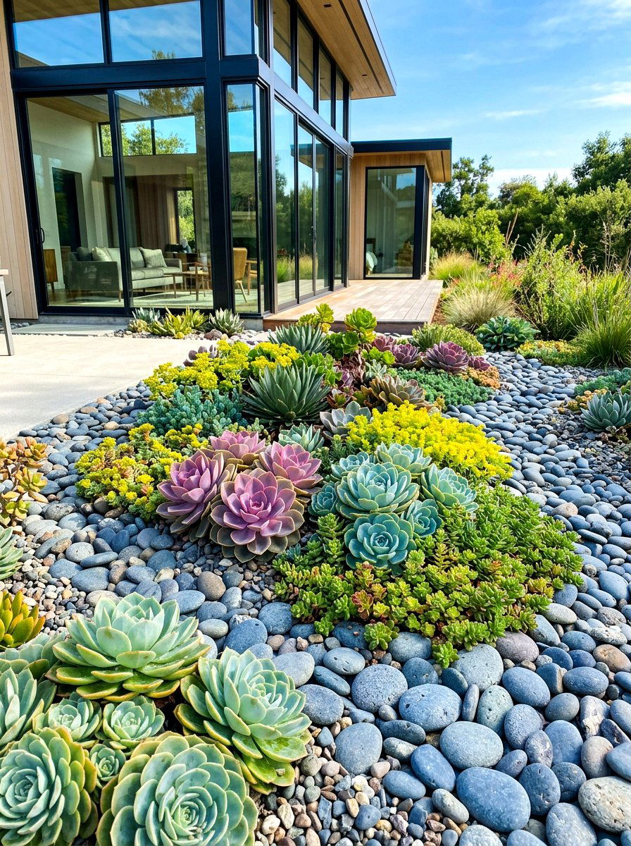 Succulent Bed With River Rock - 30 flower bed landscaping ideas