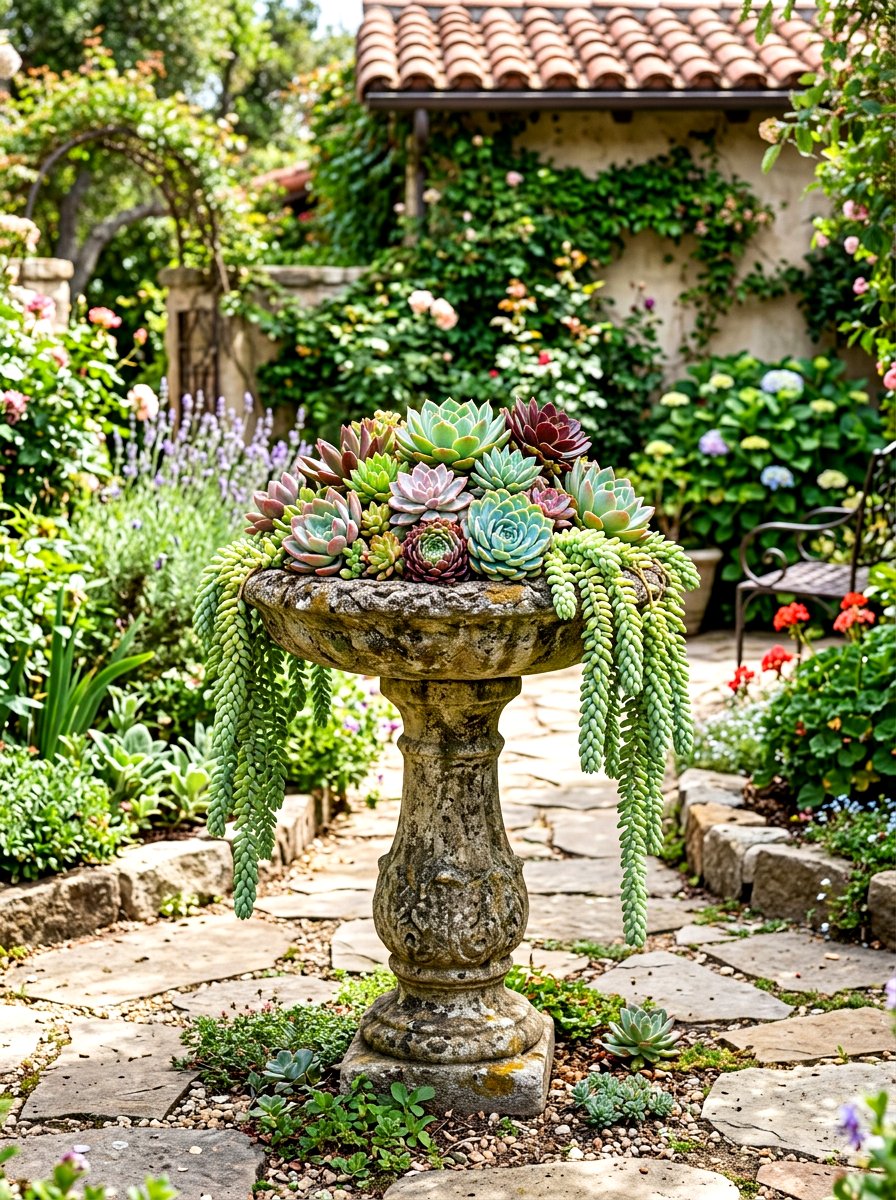 Succulent Bird Bath - 30 succulent garden ideas