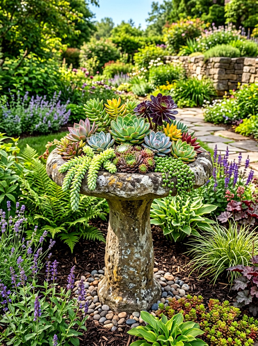 Succulent Birdbath Garden - 30 budget container garden ideas