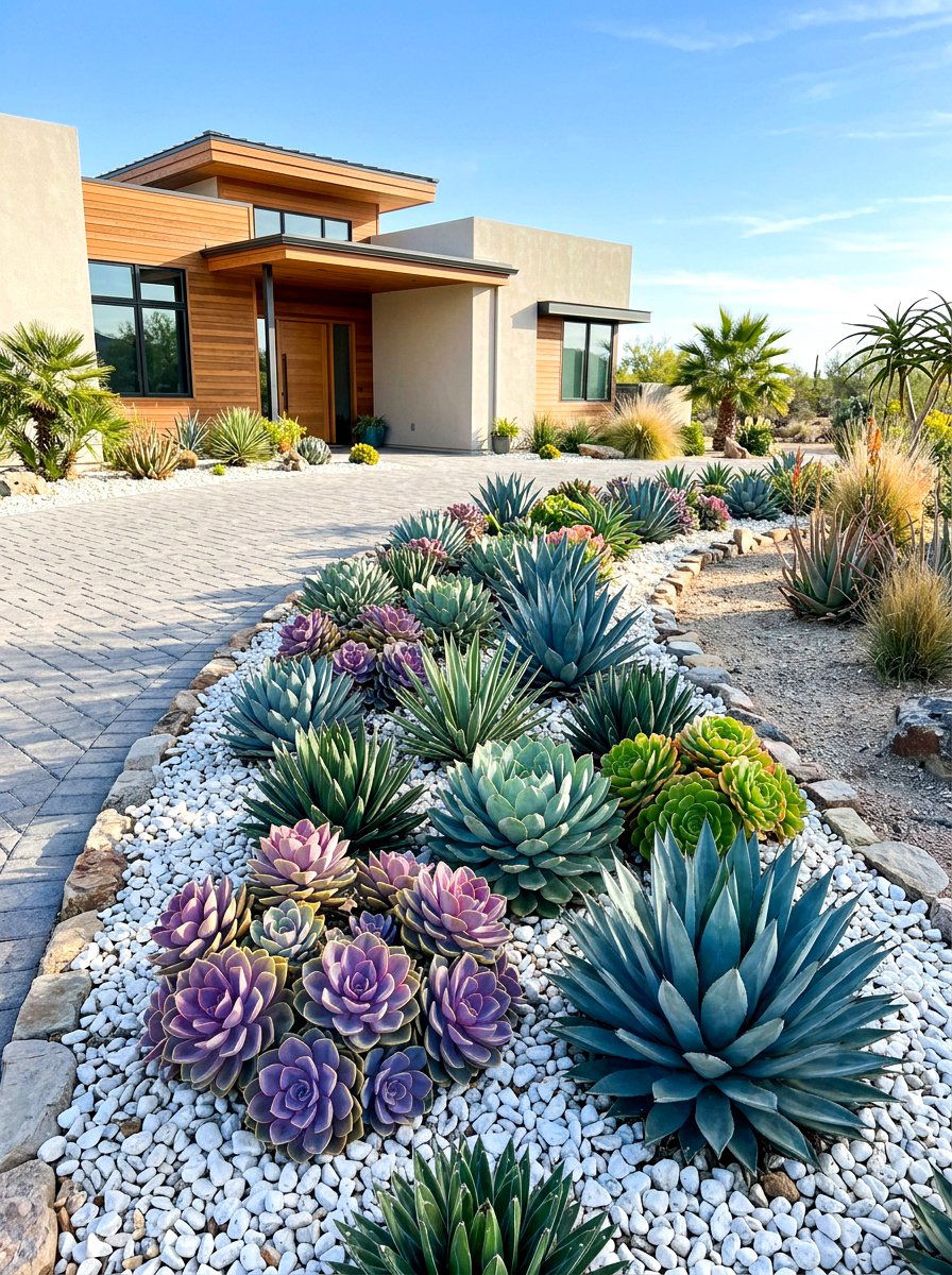 Succulent Driveway Bed - 30 driveway landscaping ideas