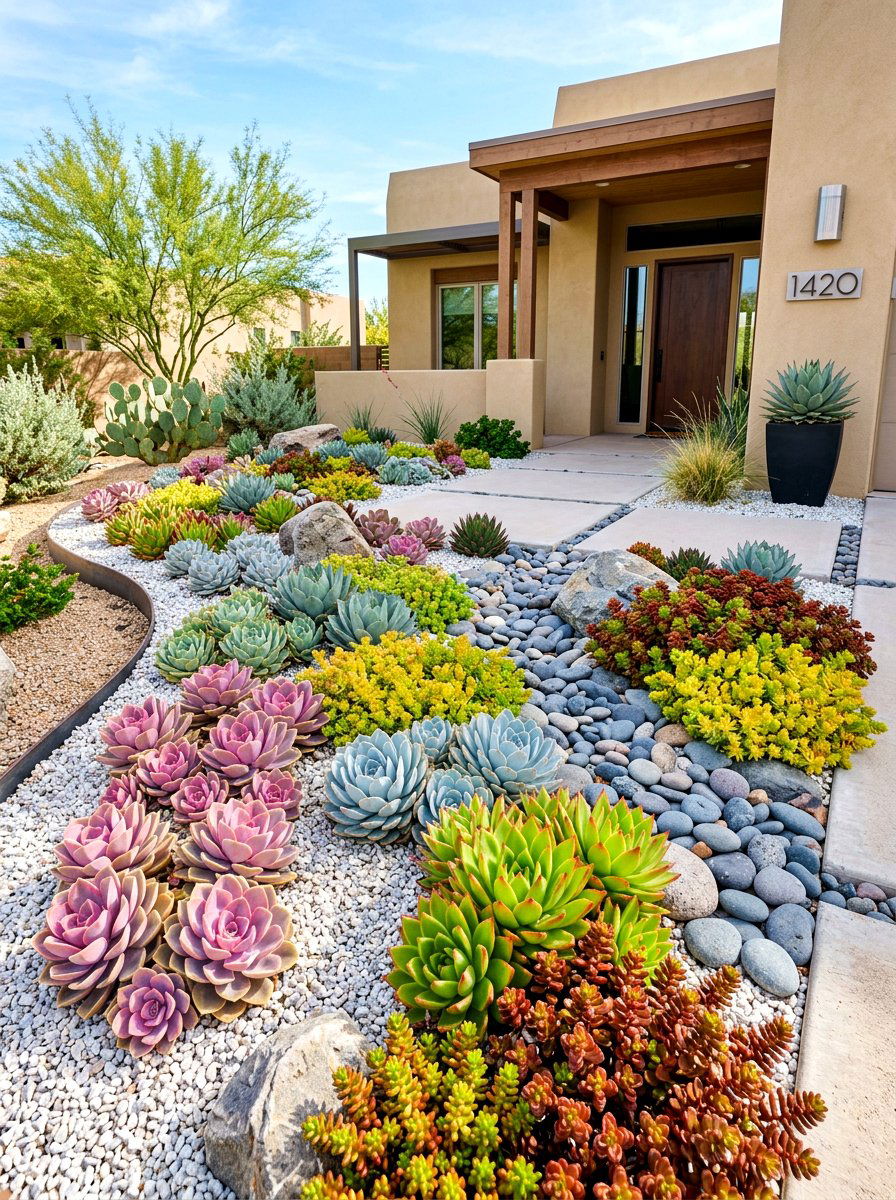 Succulent Garden Arrangement - 30 white gravel front yard ideas