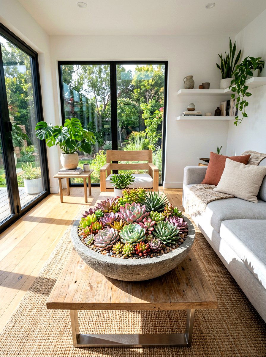 Succulent Garden Display - 30 sunroom plant ideas