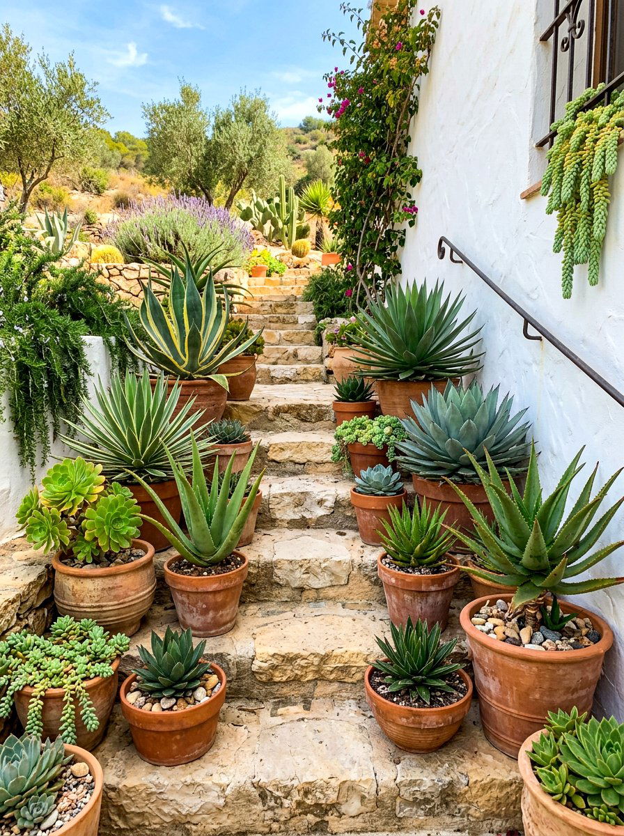 Succulent Garden In Pots - 30 Spanish courtyard exterior ideas
