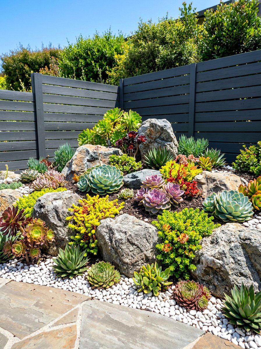 Succulent Rock Garden - 30 fence line landscaping ideas