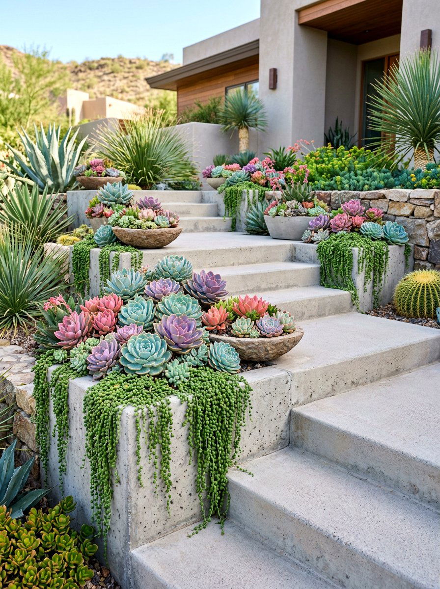Succulent Step Garden - 30 porch steps flower pot ideas