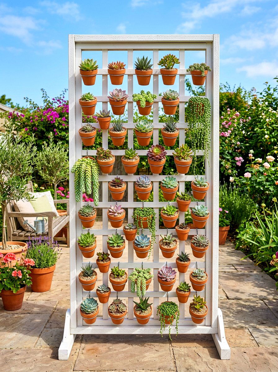 Succulent Trellis Display - 30 vertical succulent garden ideas