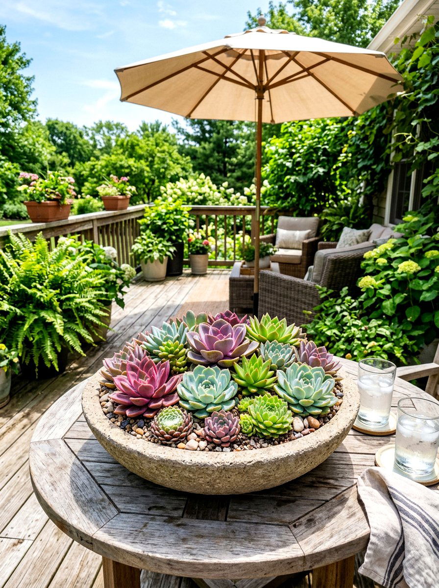 Succulent deck bowl gardens - 30 deck planter ideas