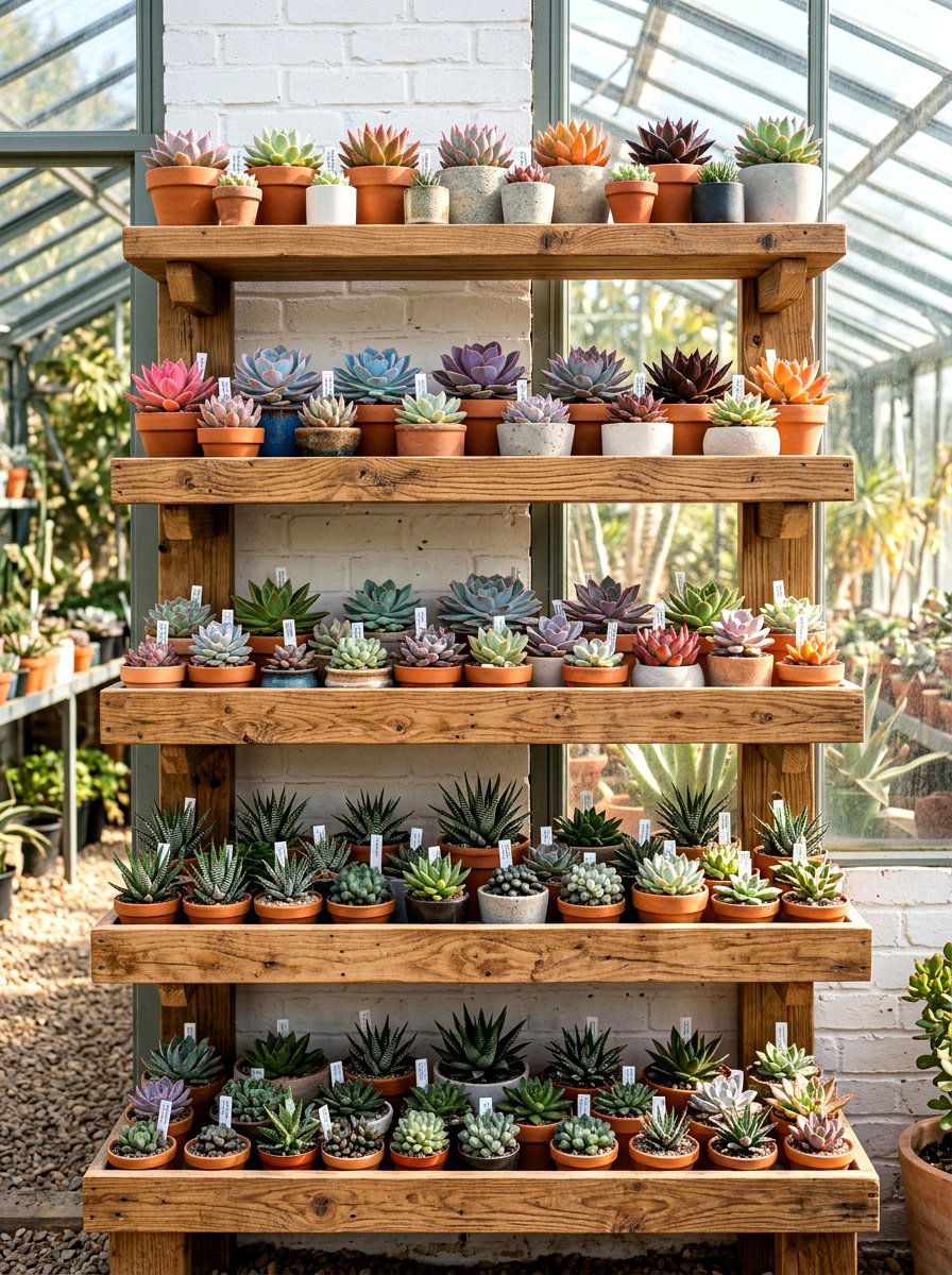 Succulent display shelves - 30 greenhouse shelving ideas
