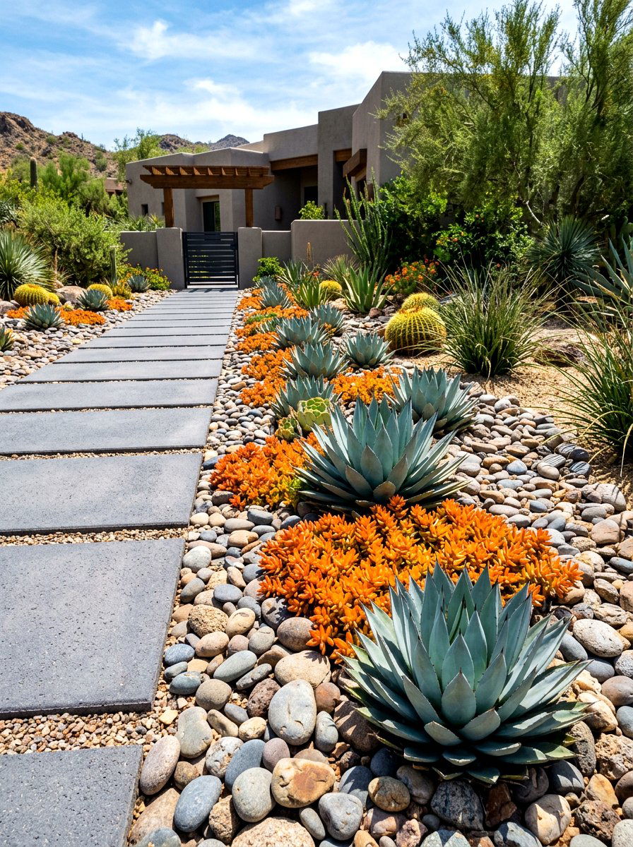 Succulent entry border - 30 front path flower bed ideas