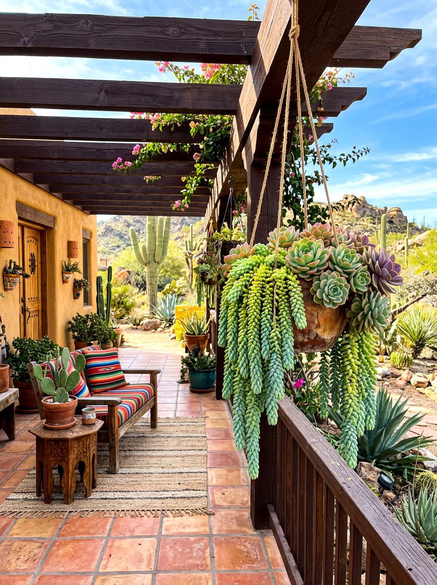 Succulent porch basket - 30 porch floral basket ideas