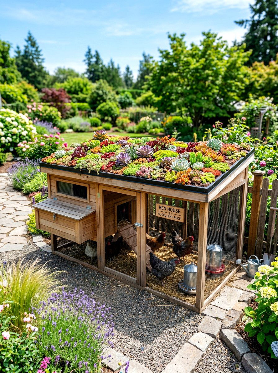 Succulent roof chicken coop - 30 backyard coop garden ideas