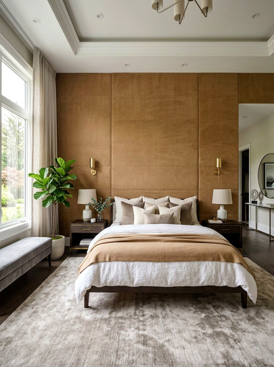 Suede wall panel - 30 wall to wall headboard ideas