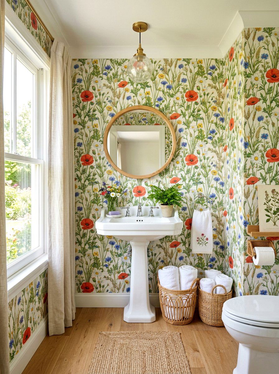 Summer meadow guest bath - 30 garden print wallpaper ideas