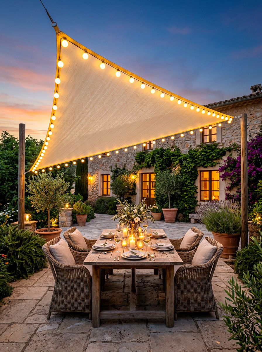 Sun Sail With Lights - 30 sun sail patio ideas