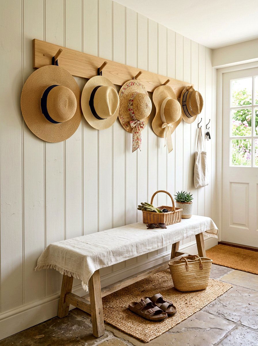 Sun hat wall display - 30 summer foyer decor ideas