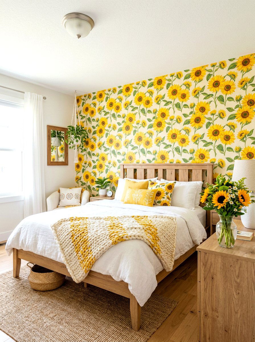 Sunflower Accent Wall - 30 bloomcore bedroom ideas