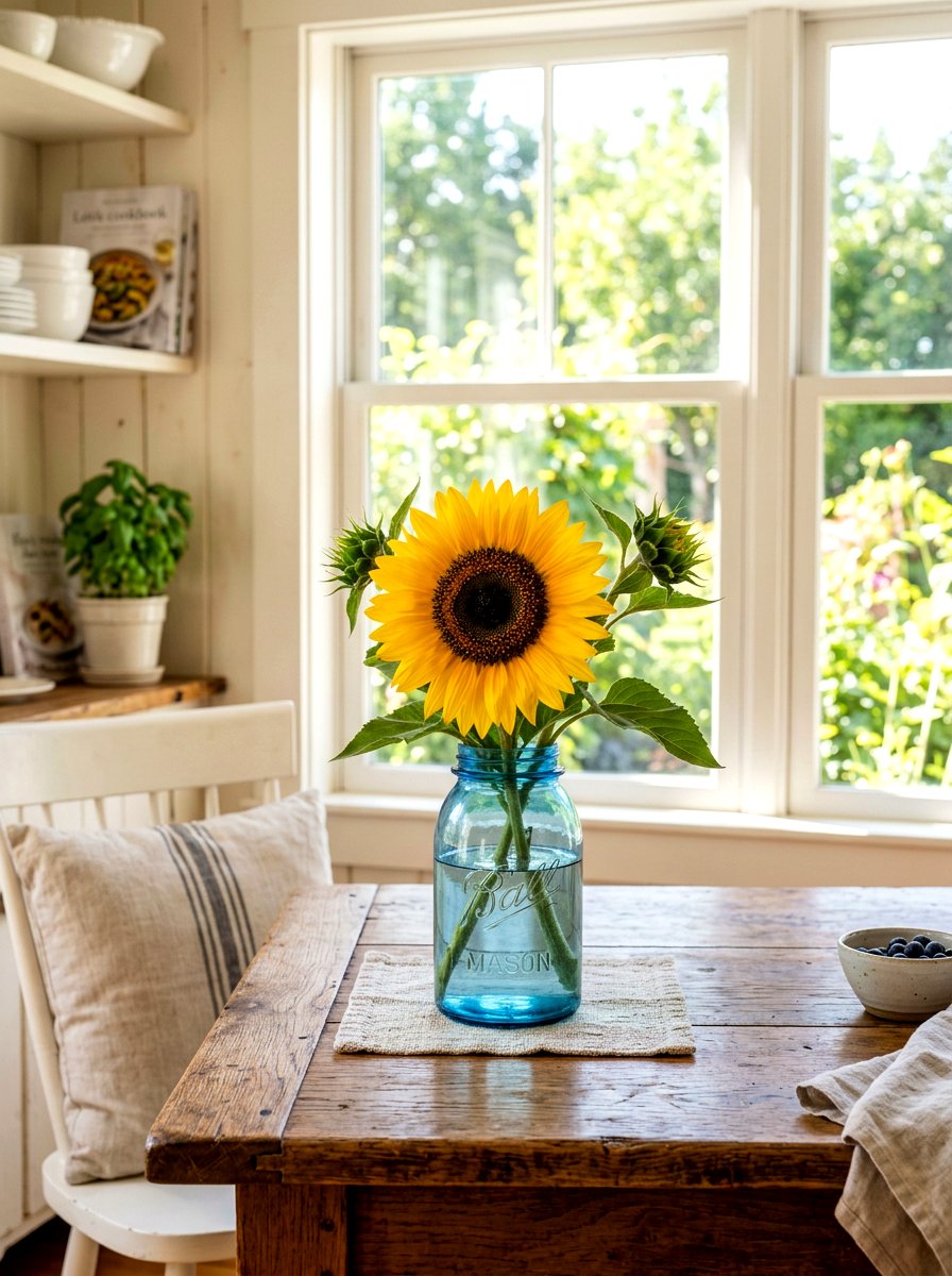 Sunflower Mason Jar Centerpiece - 30 rustic table centerpiece ideas