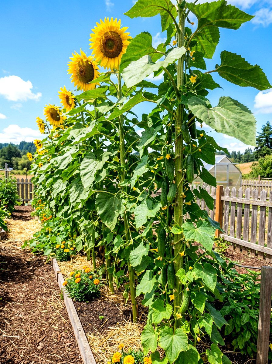 Sunflower and cucumber trellis system - 30 vegetable garden companion planting ideas