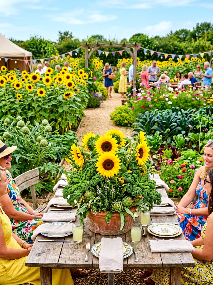 Sunflower and garden vegetable centerpiece - 30 garden salad tablescape ideas