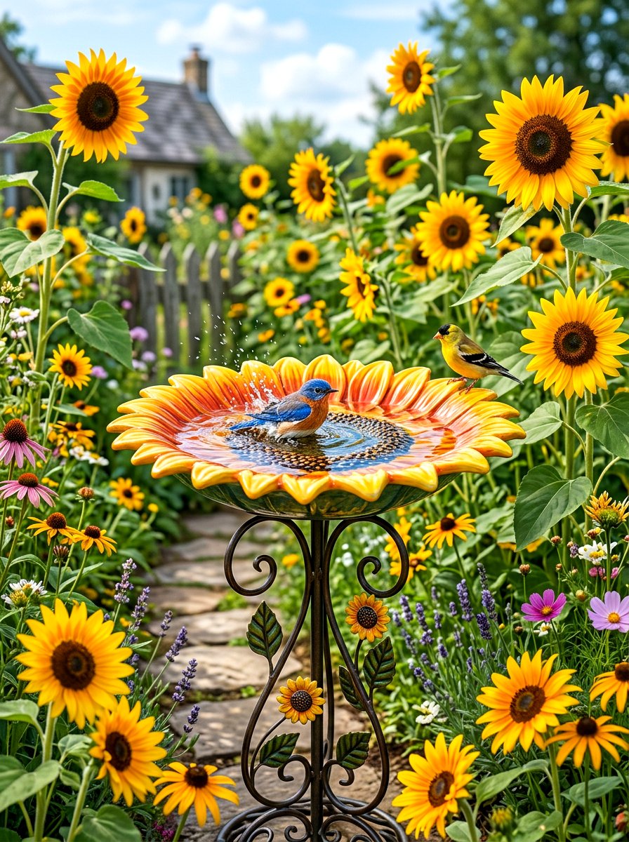Sunflower bird bath - 30 front yard bird bath ideas