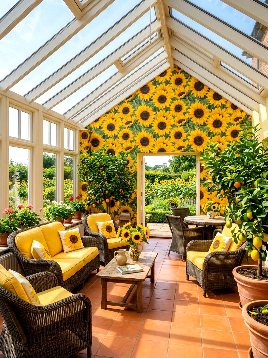 Sunflower conservatory - 30 garden print wallpaper ideas