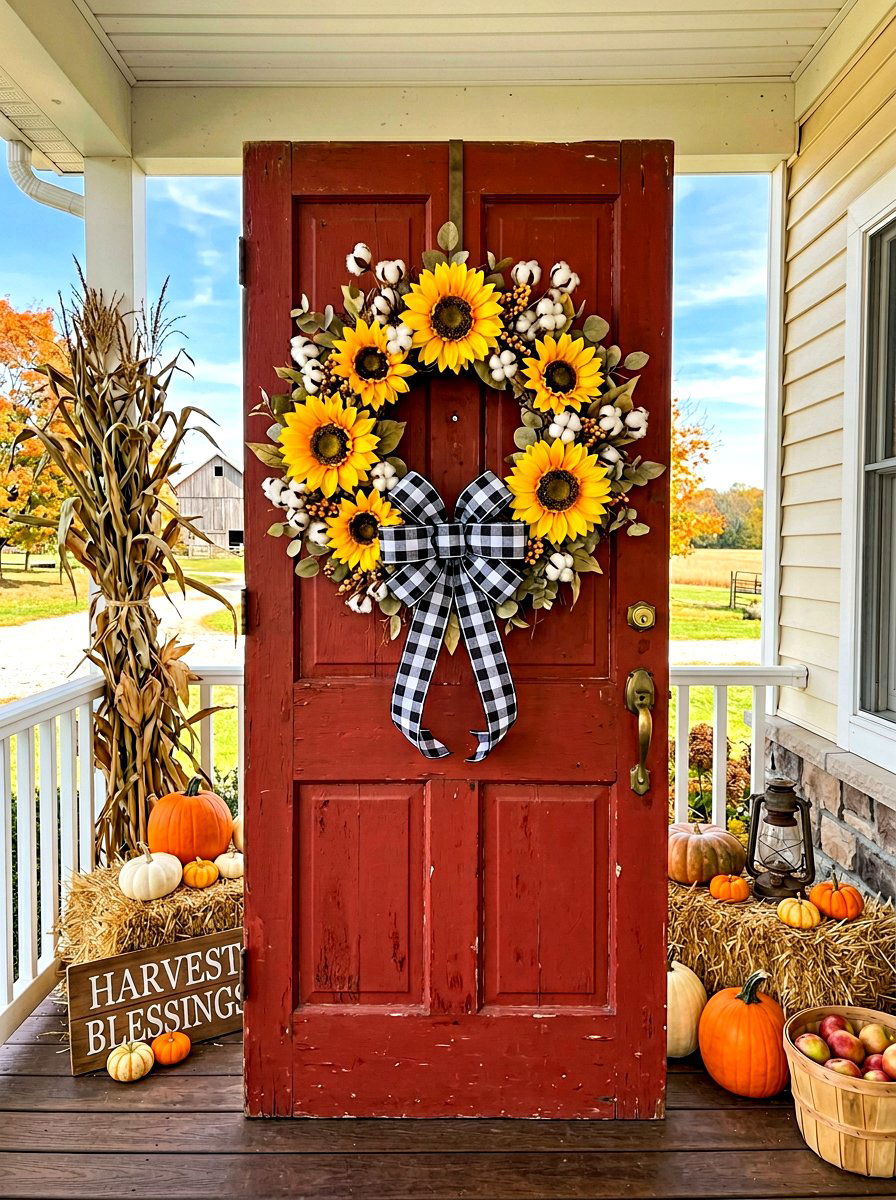 Sunflower farmhouse wreath - 30 fall wreath ideas