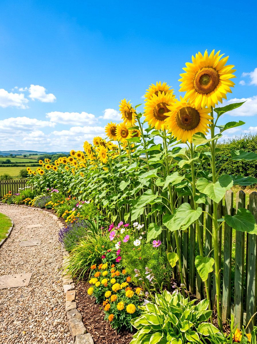 Sunflower garden border - 30 bird friendly backyard landscaping ideas