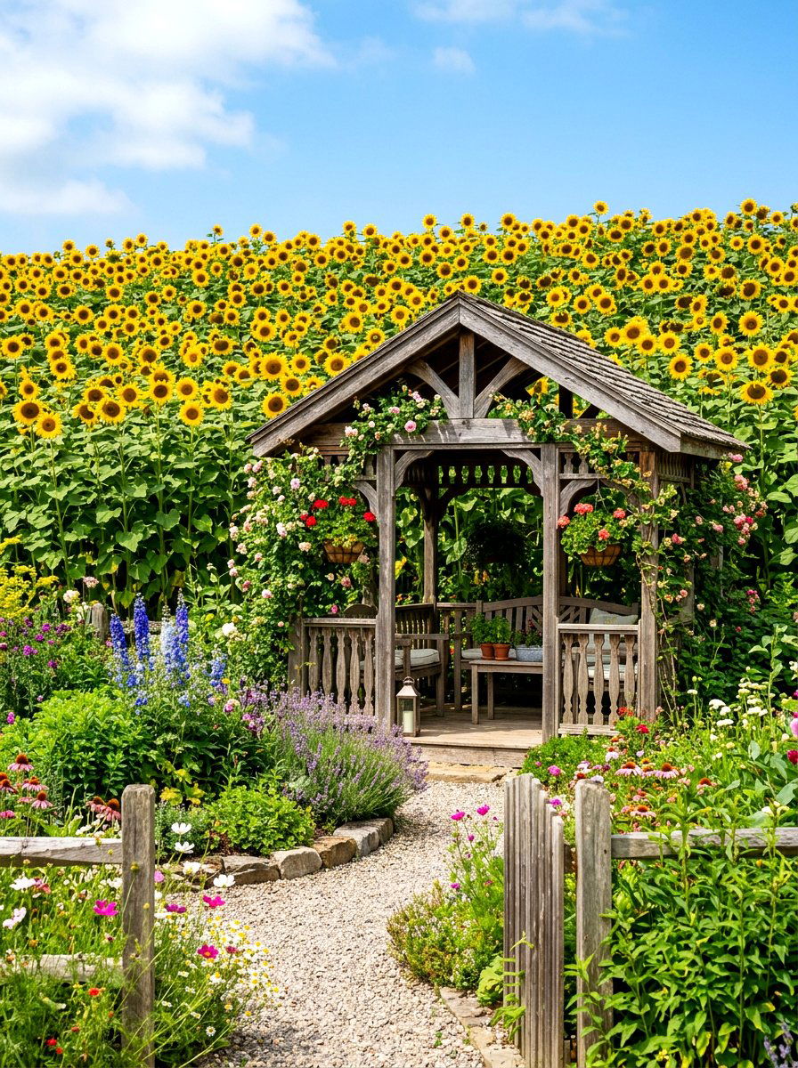 Sunflower gazebo garden landscape - 30 gazebo flower garden ideas