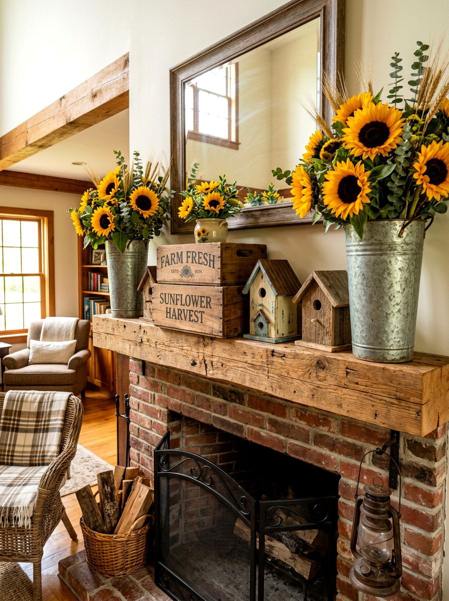 Sunflower mantel - 30 summer mantel decor ideas