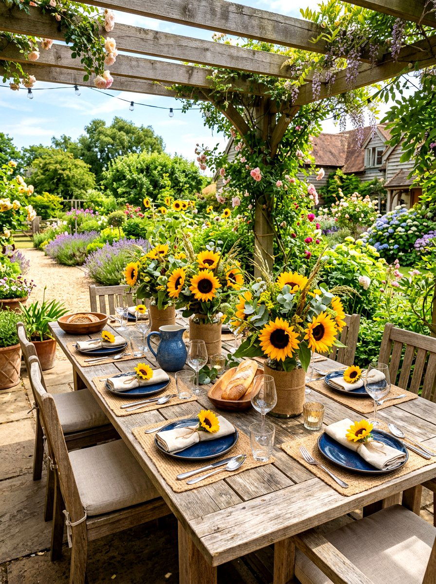 Sunflower outdoor dining table - 30 summer patio tablescape ideas