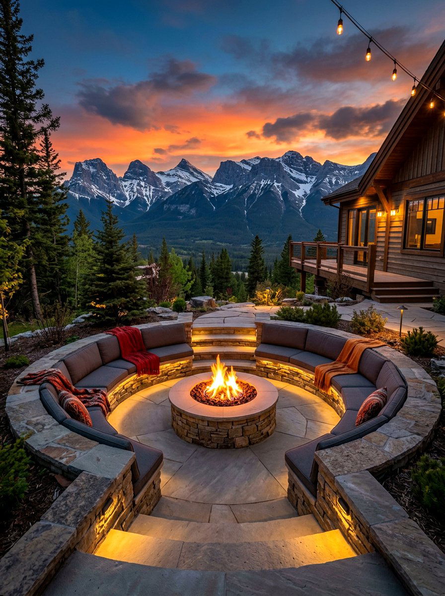 Sunken Cabin Patio Firepit - 30 mountain cabin patio ideas