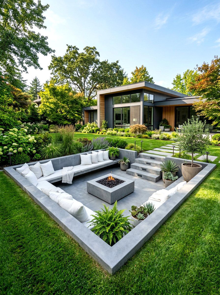 Sunken Concrete Patio - 30 conversation pit patio ideas