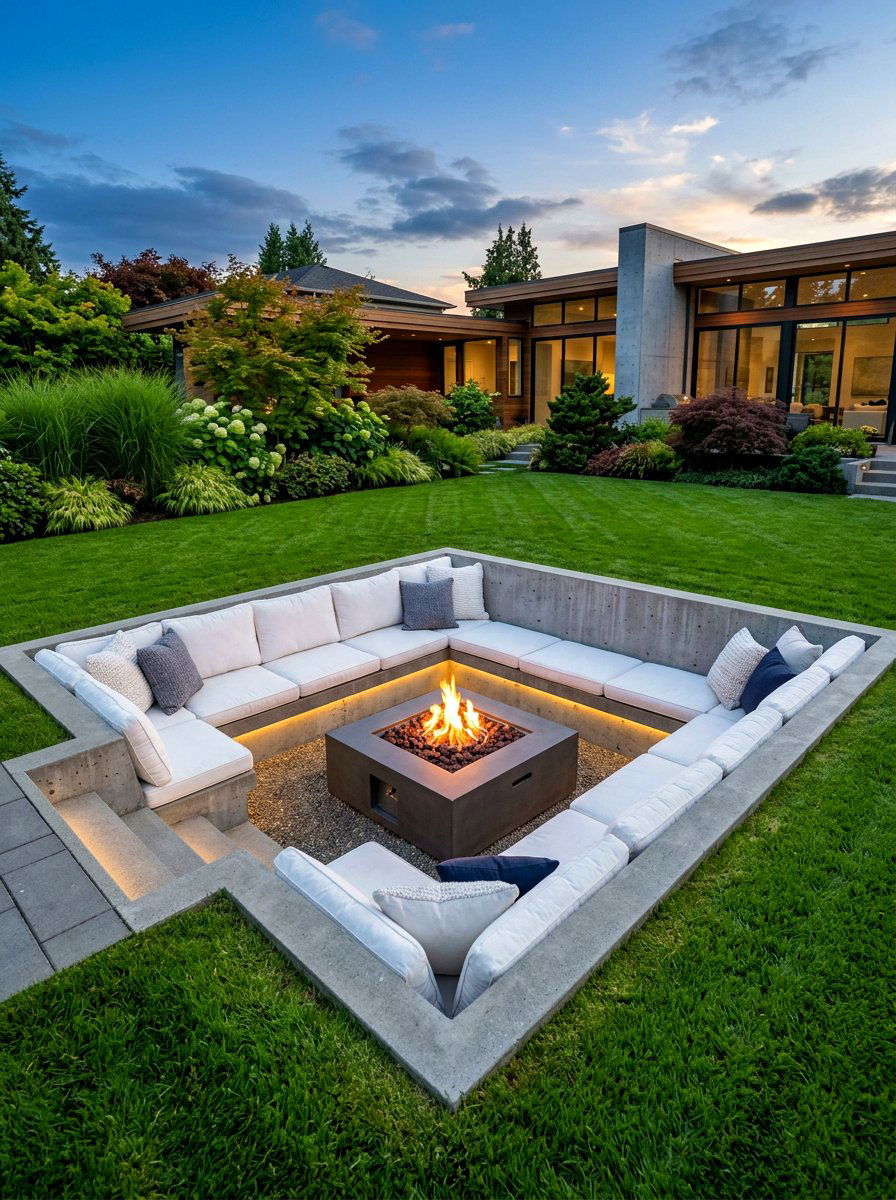 Sunken Concrete Seating - 30 backyard conversation pit ideas