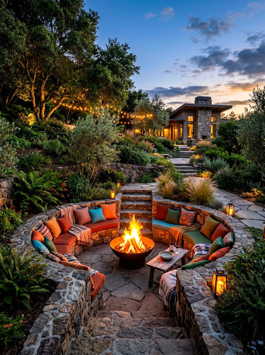 Sunken Fire Lounge - 30 hillside landscaping ideas