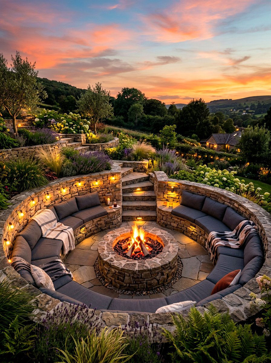 Sunken Fire Pit - 30 tiered backyard ideas