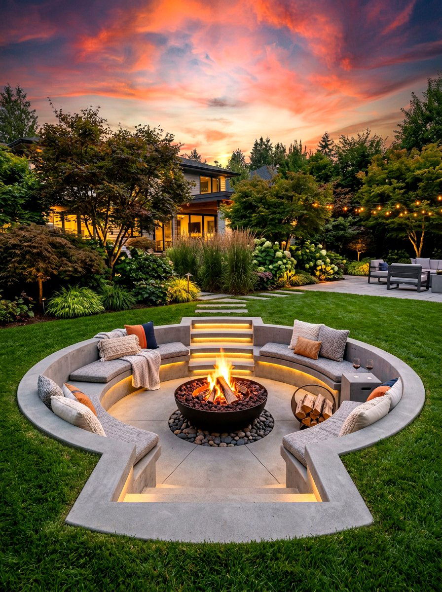 Sunken Fire Pit Bench - 30 garden reading bench ideas