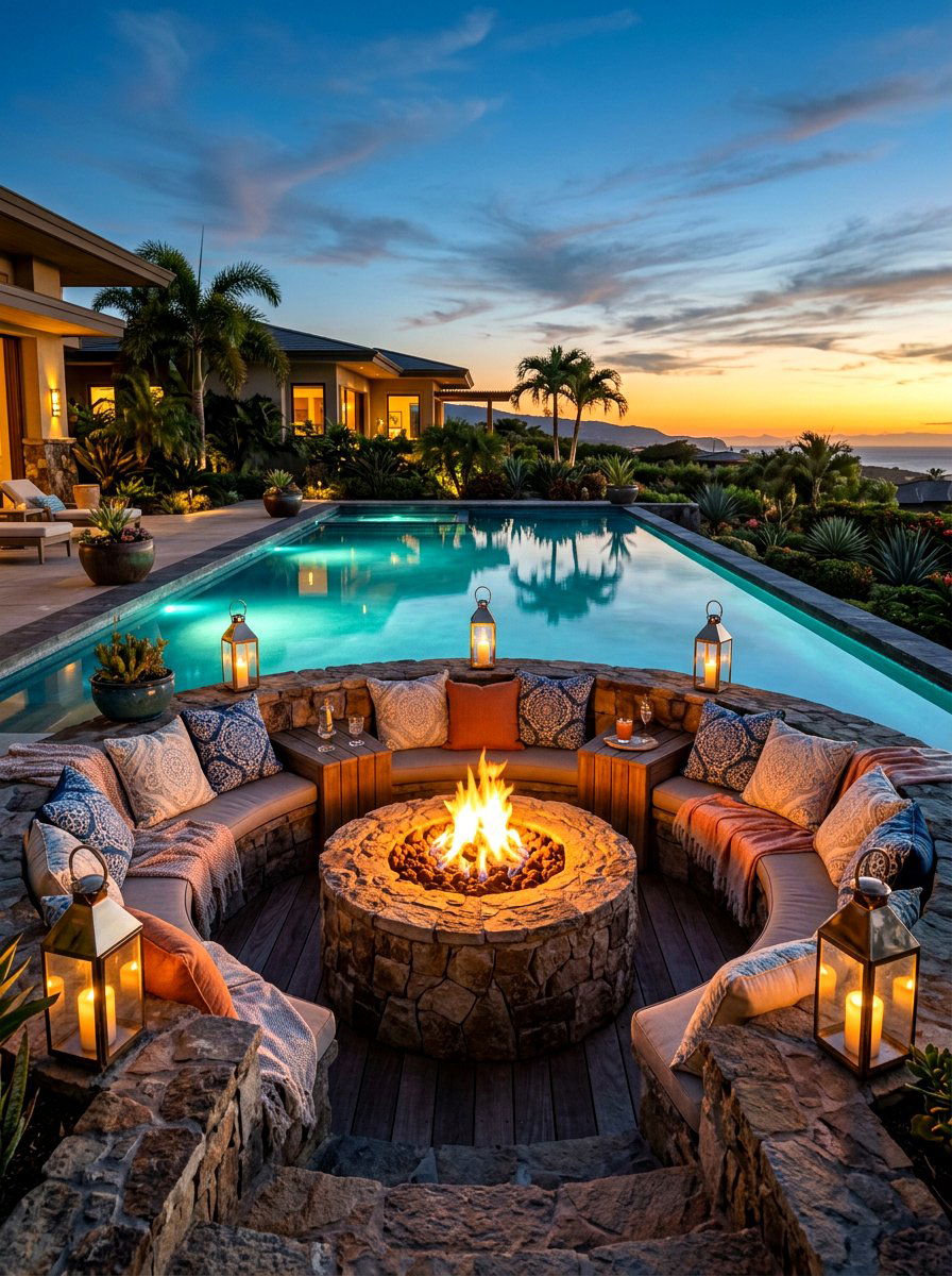 Sunken Fire Pit Lounge - 30 Mediterranean pool patio ideas